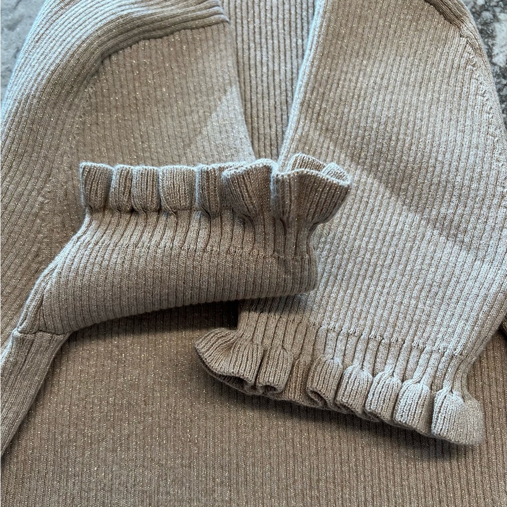 Tommy Hilfiger Fawn Metallic Square Neck Ruffled-Cuff Ribbed Sweater - XL - Picture 7 of 12